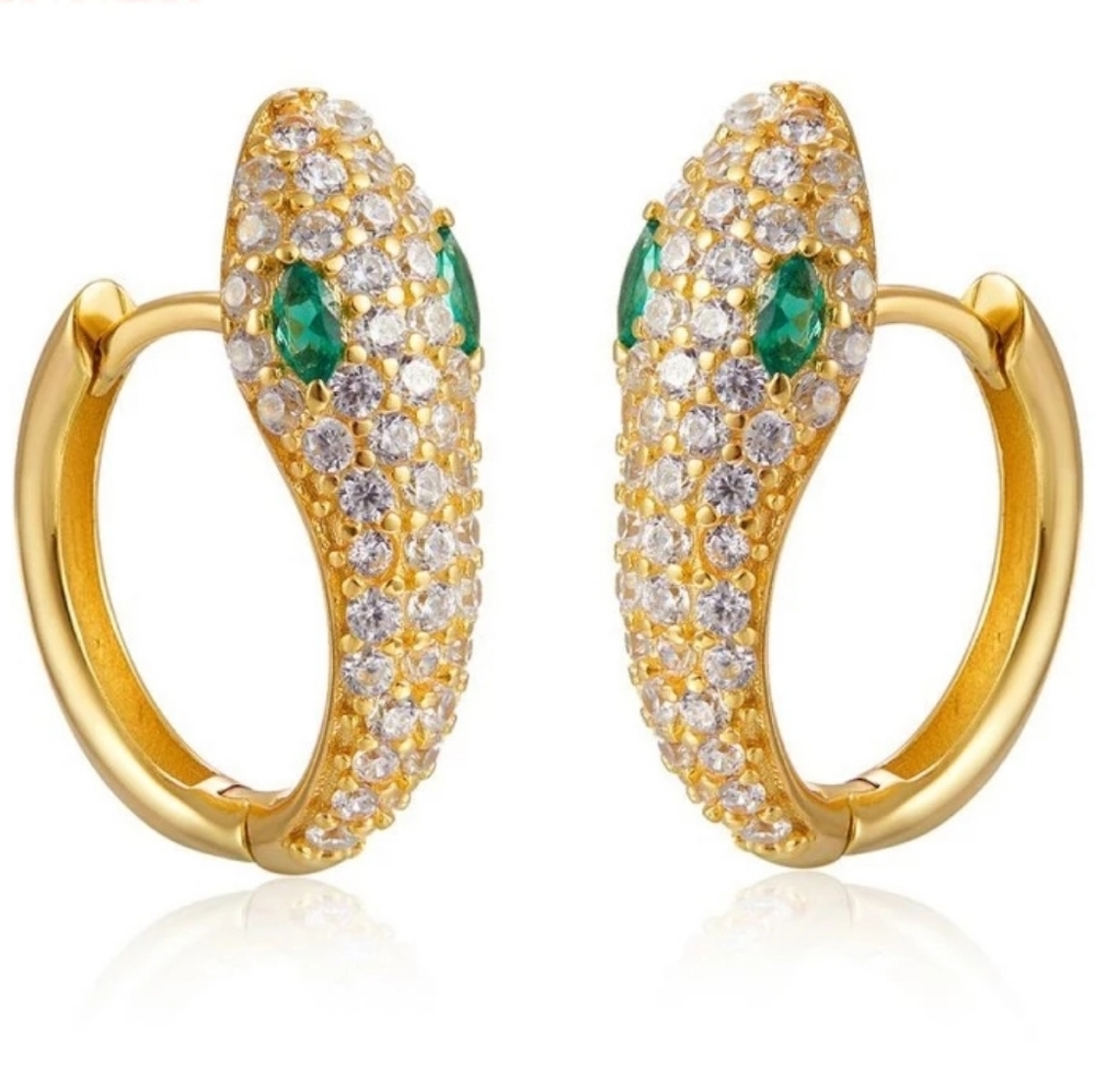 🐍Serpent Snake Hoop Stacking 925 Sterling Silver Yellow Gold Green Zircon Pave - Picture 8 of 16